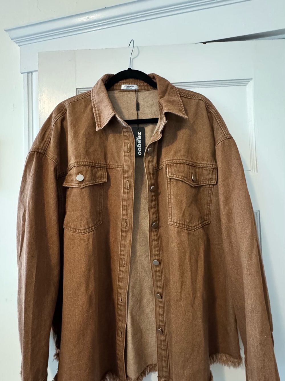 zeagoo Brown Denim Shacket with Frayed Hem